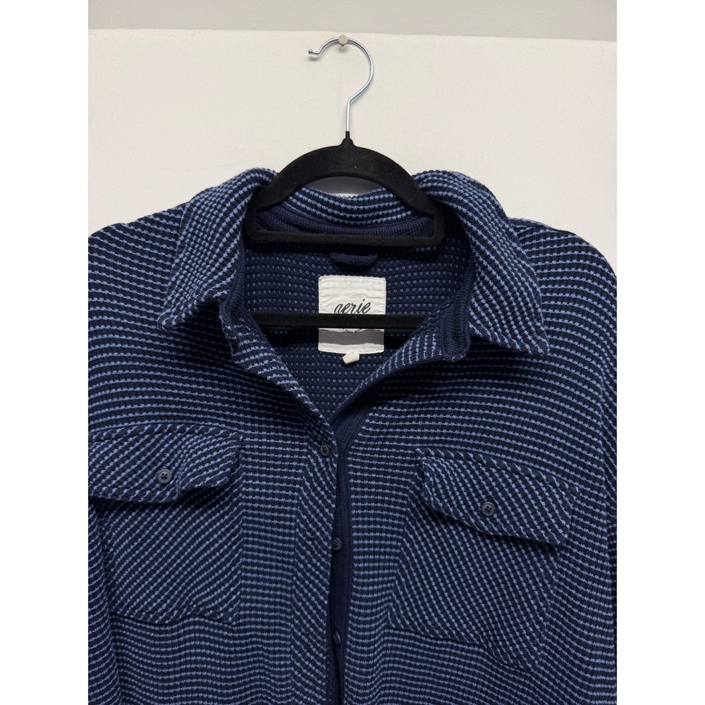 Aerie Women Real Good Navy Striped Waffle Knit Oversized Shacket Button Down - Picture 4 of 10
